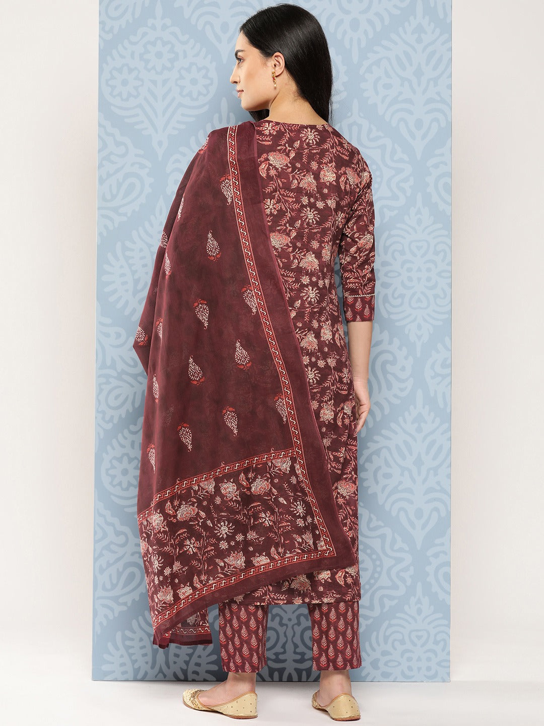 Floral Printed Regular Gotta Patti Pure Cotton Kurta with Trousers & Dupatta-Indiakreations-JS1370SKDMRS