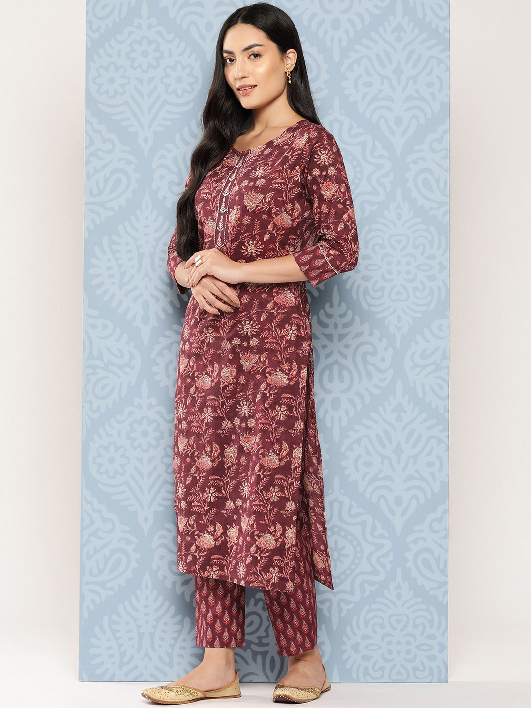 Floral Printed Regular Gotta Patti Pure Cotton Kurta with Trousers & Dupatta-Indiakreations-JS1370SKDMRS