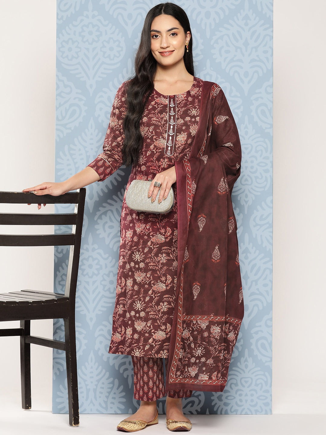 Floral Printed Regular Gotta Patti Pure Cotton Kurta with Trousers & Dupatta-Indiakreations-JS1370SKDMRS