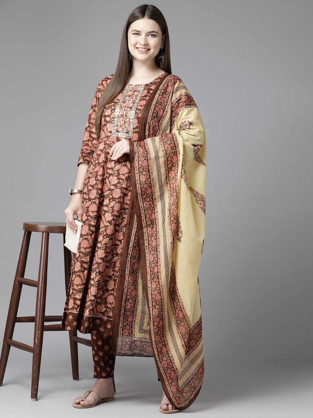 Floral Printed Regular Sequined Pure Cotton Kurta with Trousers & Dupatta-Indiakreations-JS1563SKDBRS