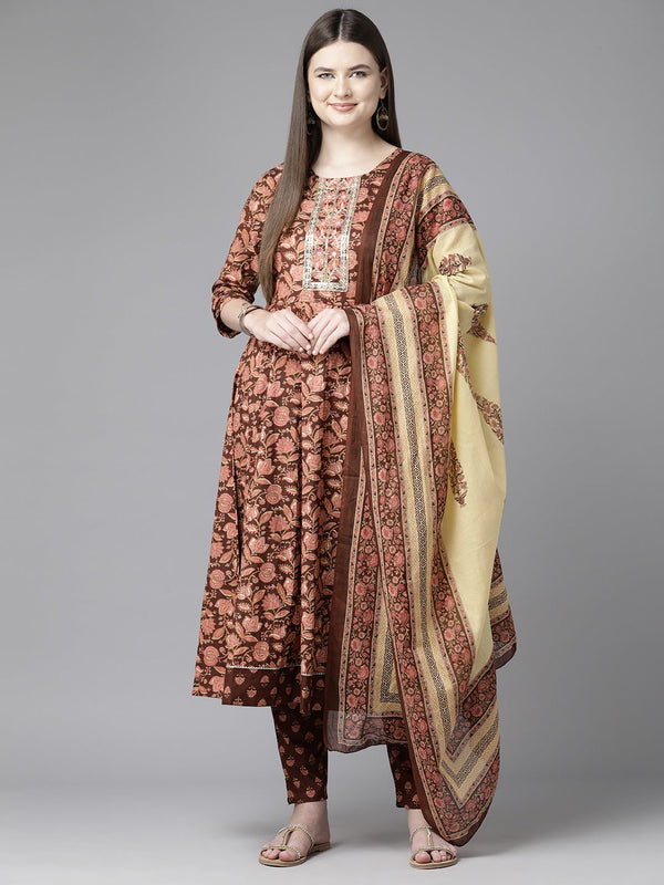 Floral Printed Regular Sequined Pure Cotton Kurta with Trousers & Dupatta-Indiakreations-JS1563SKDBRS