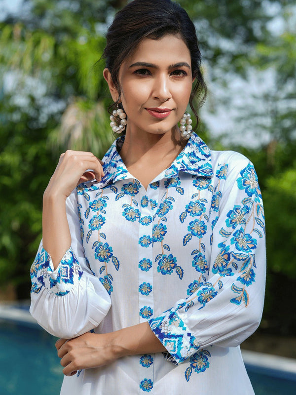 Blue White Printed Pure Cotton Kurta with Trousers-Indiakreations-JS1487CRDBLS