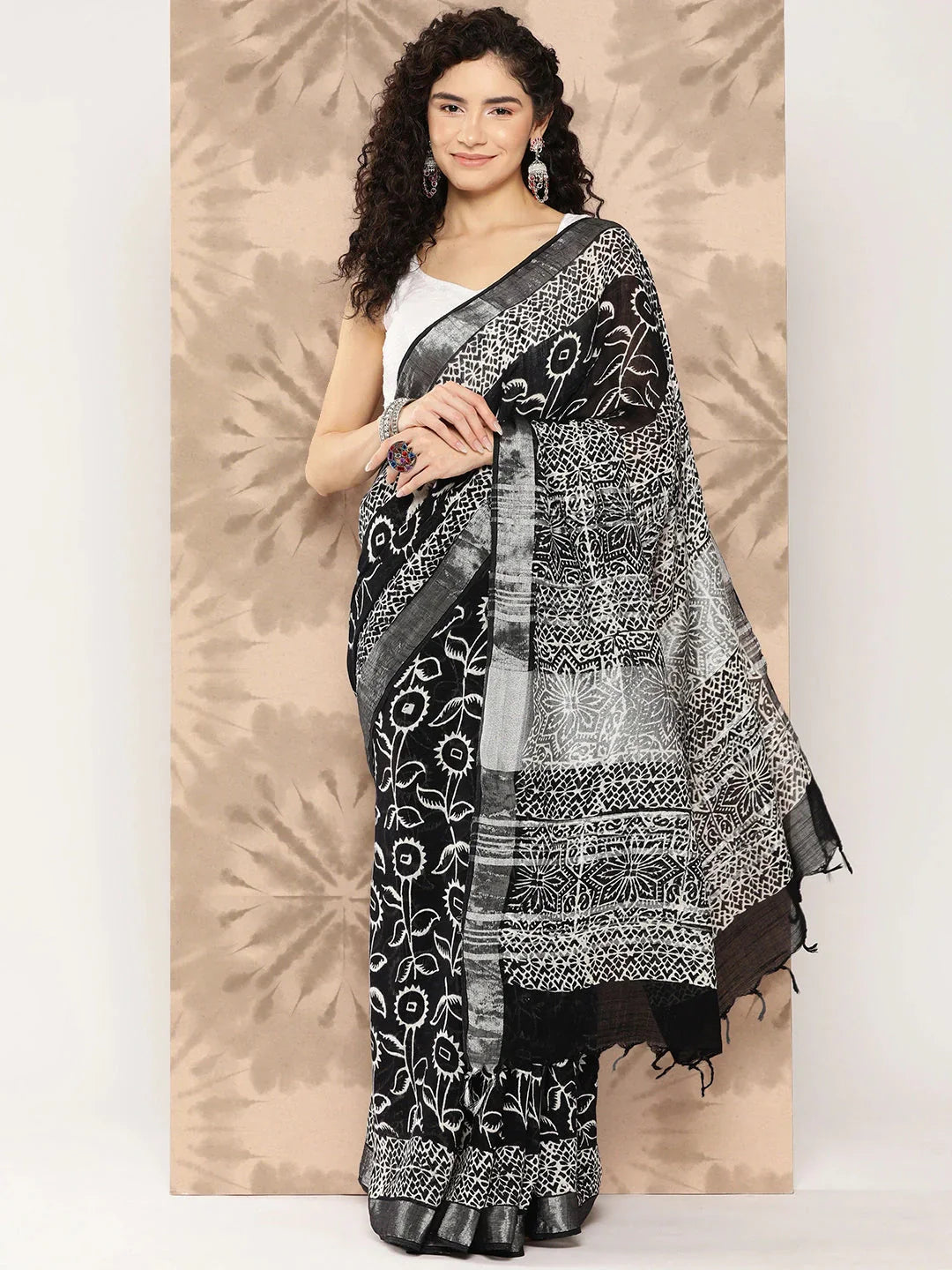 Floral Pure Cotton Handwoven Saree-Indiakreations-JS1321SARBK