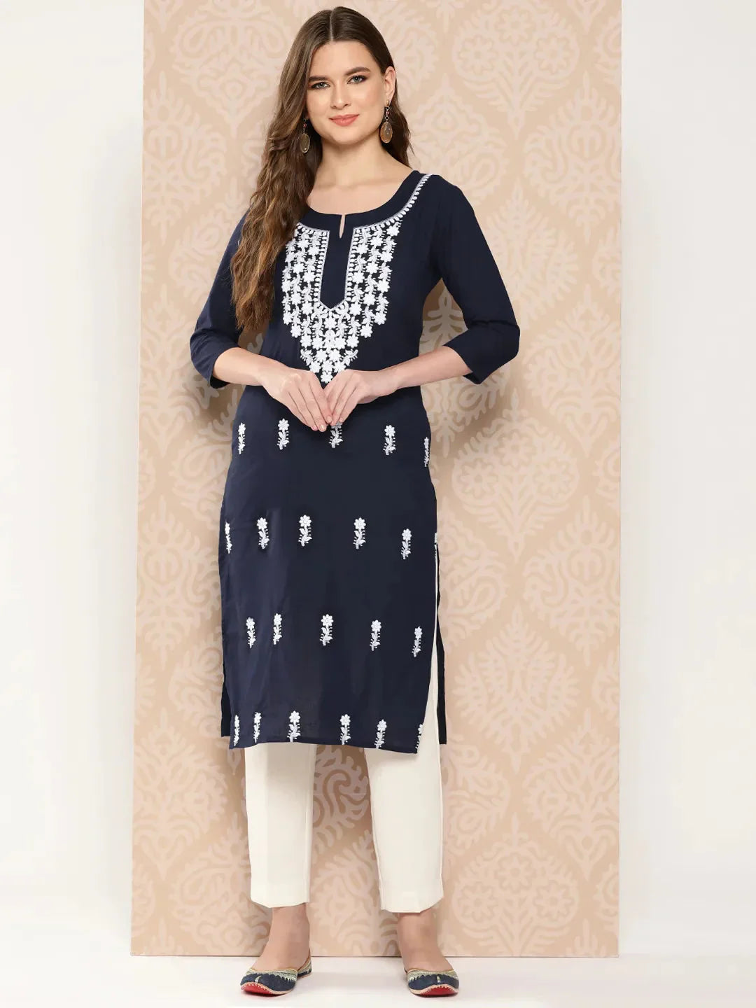 Floral Yoke Design Chikankari Kurta-Indiakreations-JS1497KURNBS