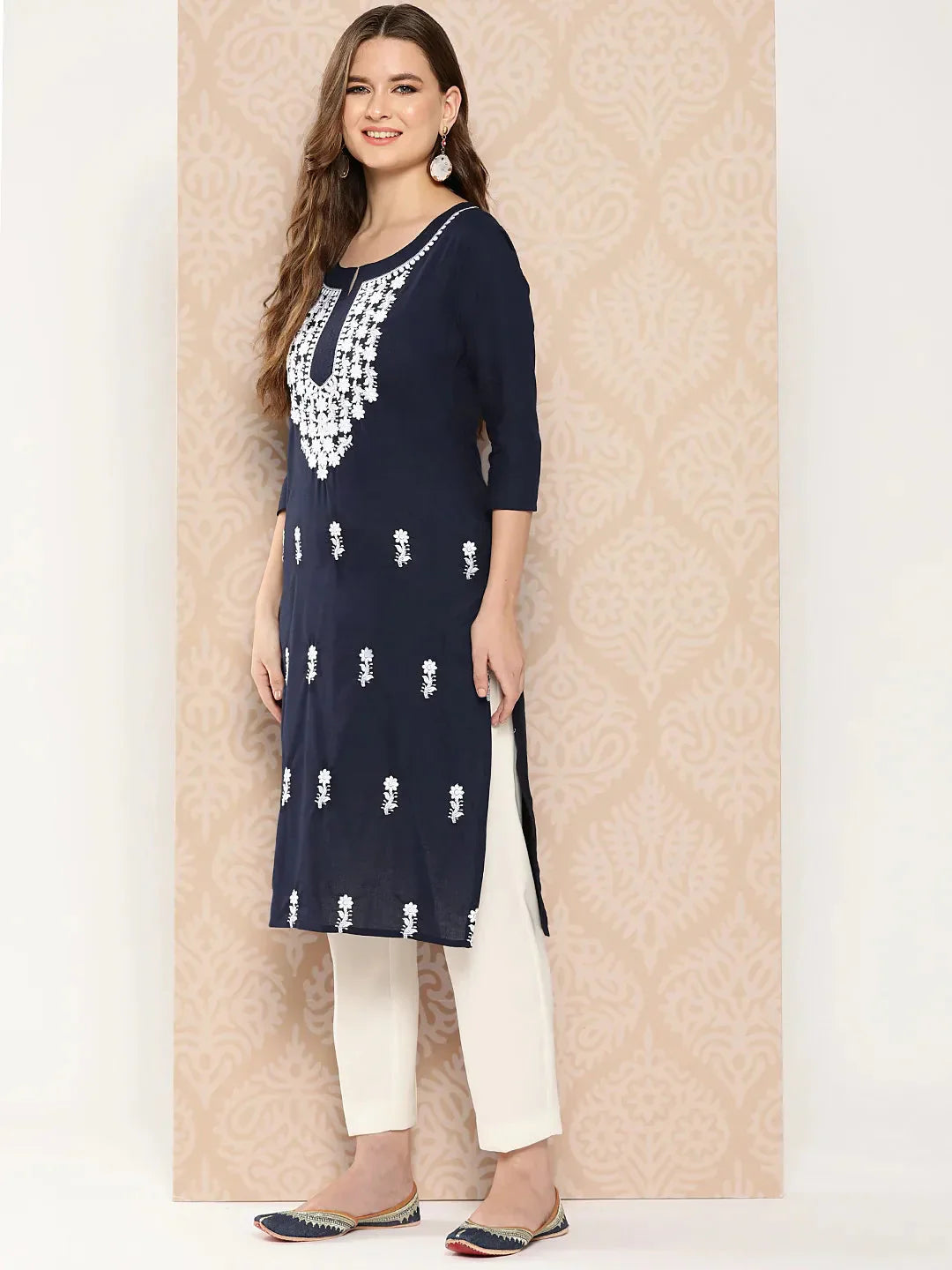 Floral Yoke Design Chikankari Kurta-Indiakreations-JS1497KURNBS