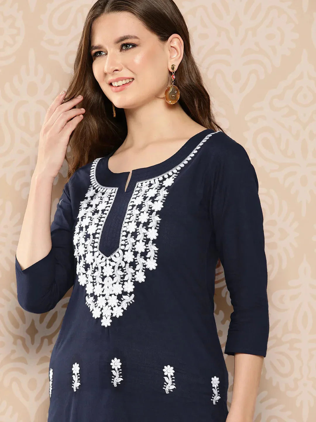 Floral Yoke Design Chikankari Kurta-Indiakreations-JS1497KURNBS