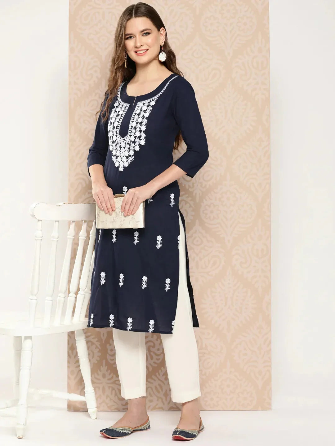 Floral Yoke Design Chikankari Kurta-Indiakreations-JS1497KURNBS