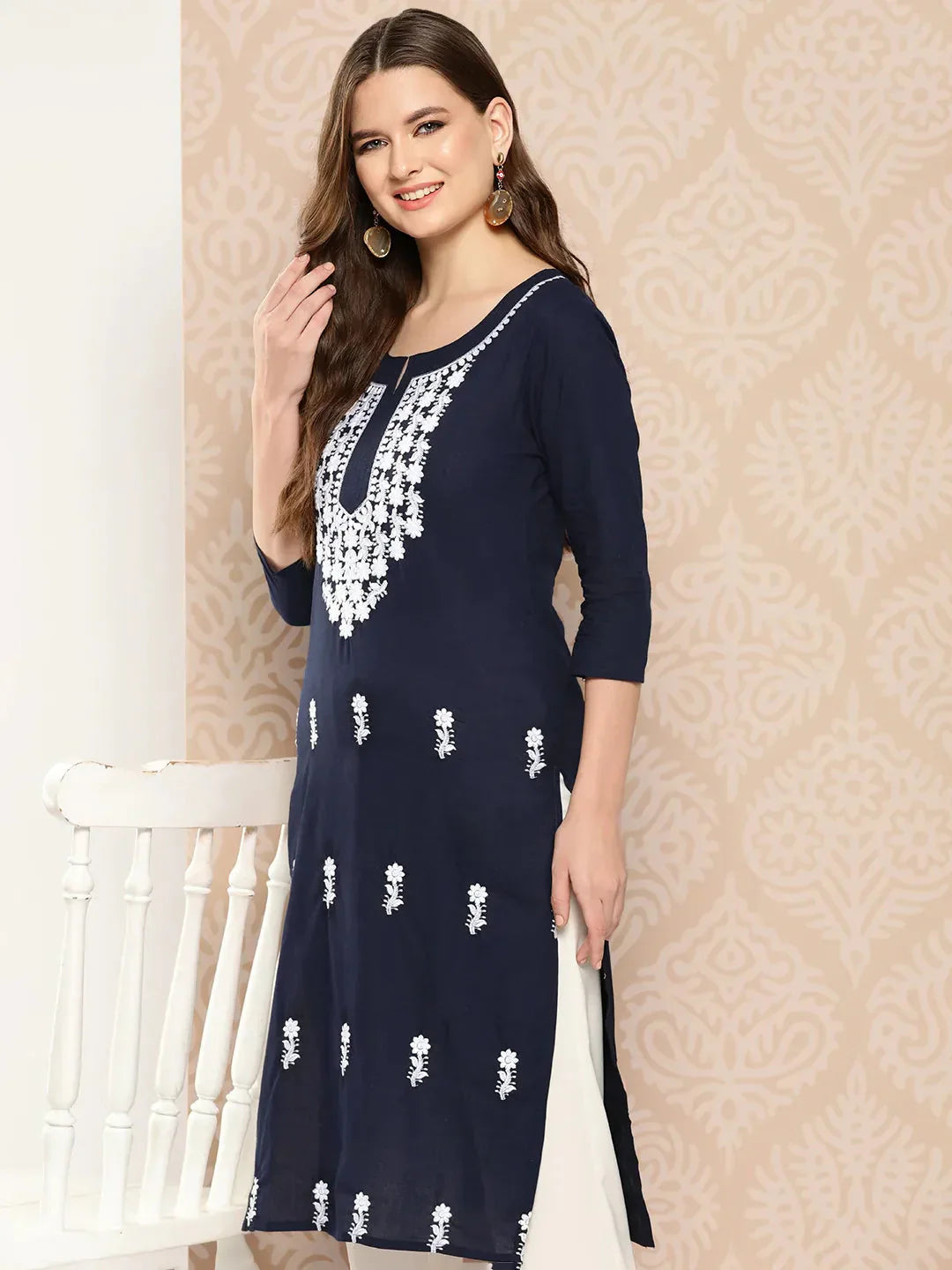 Floral Yoke Design Chikankari Kurta-Indiakreations-JS1497KURNBS