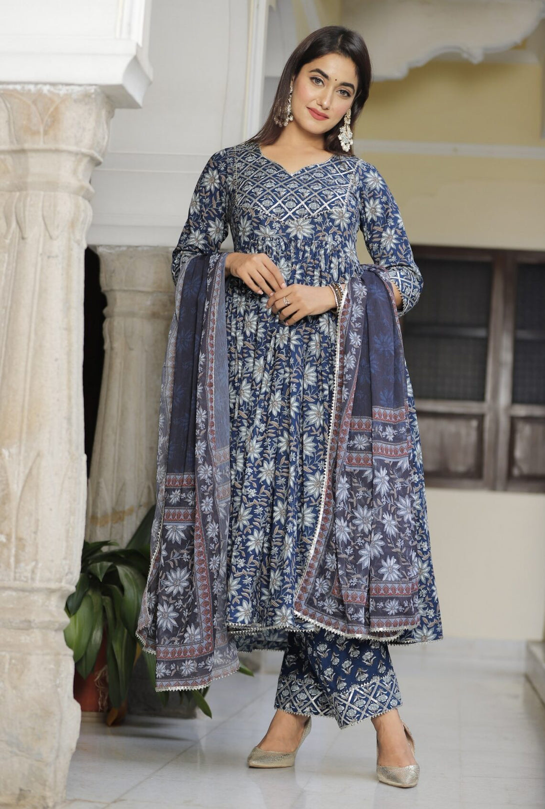 Women's Floral Royal Blue Anarkali Suits - Lado Jaipuri