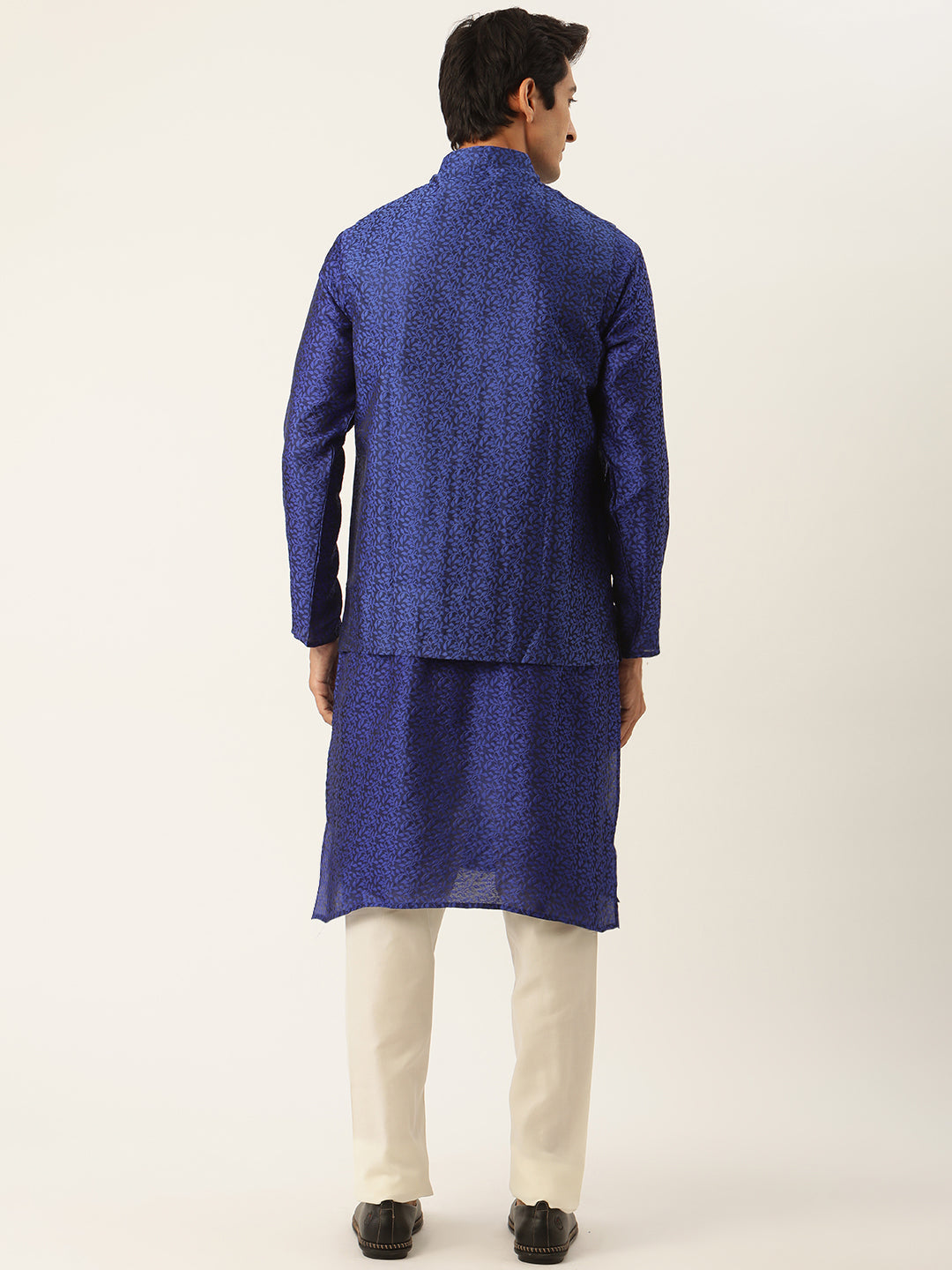 Sojanya Men's Jacquard Silk Blue Kurta & Nehrujacket With Off White Pyjama Combo - Sojanya