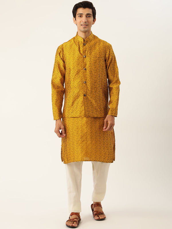 Sojanya Men's Jacquard Silk Mustard Kurta & Nehrujacket With Off White Pyjama Combo - Sojanya