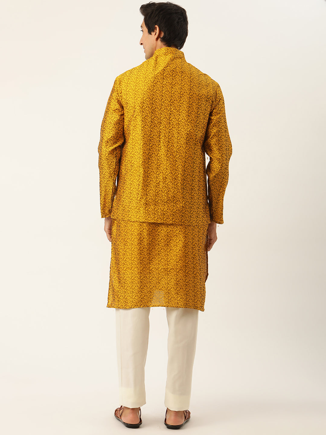 Sojanya Men's Jacquard Silk Mustard Kurta & Nehrujacket With Off White Pyjama Combo - Sojanya