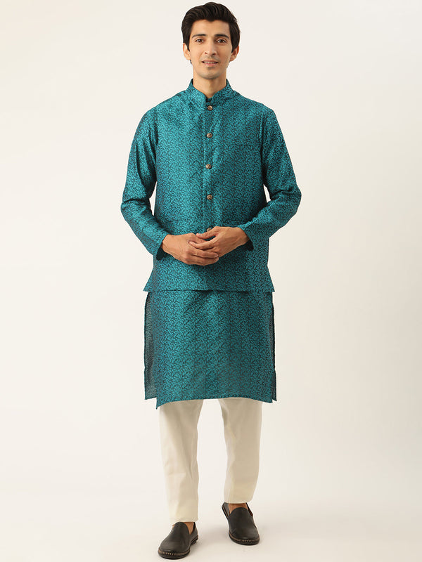 Sojanya Men's Jacquard Silk Tealblue Kurta & Nehrujacket With Off White Pyjama Combo - Sojanya