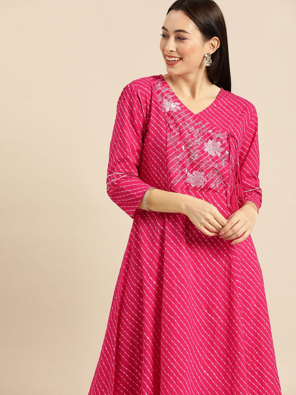 Women's Pink & White Leheriya Printed Angrakha Kurta With Embroidery - Varanga