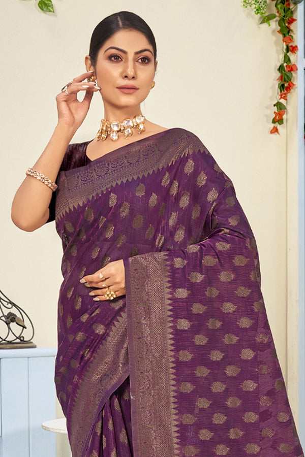 Women's Purple Cotton Woven Zari Work Traditional Tassle Saree - Sangam Prints