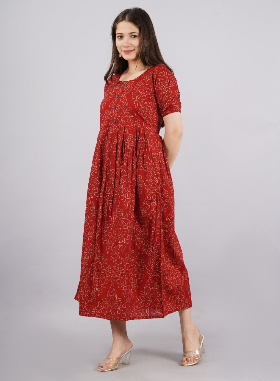 Women's Red Color Cotton Kurtas Kurtis & Tunics - Vamika