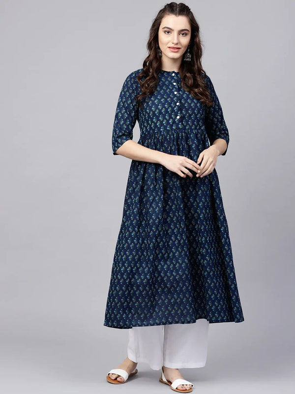 Women's Navy Blue Printed Cotton Party Wear/Casual Wear Kurta Set/Suit (2Pieces) - Vamika