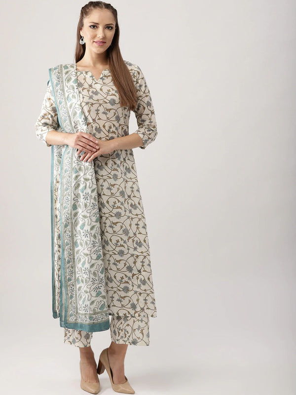 Women's Cream Printed Cotton Party Wear/Casual Wear Kurta Set/Suit (3Pieces) - Vamika