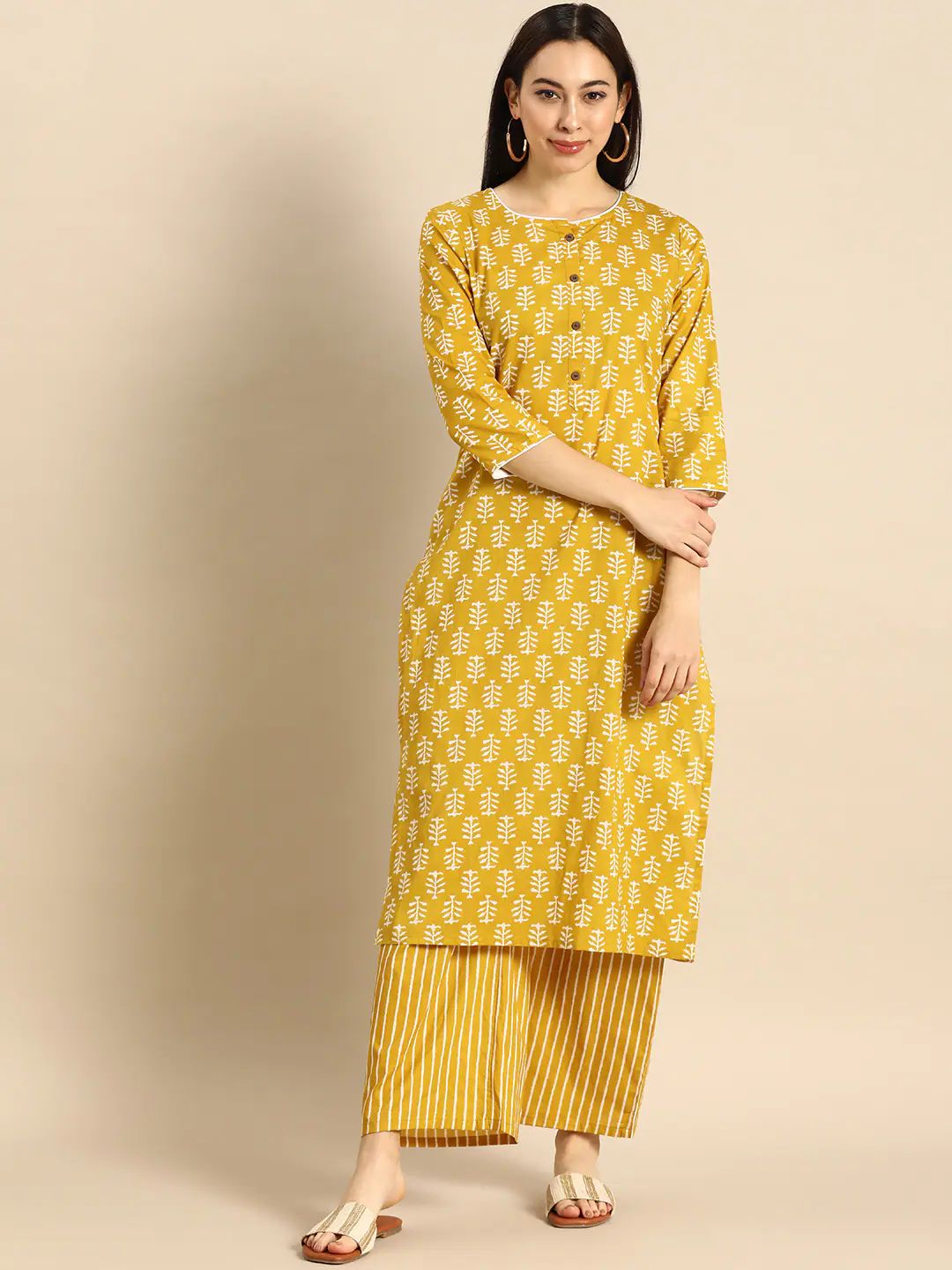 Women's Printed Cotton Yellow Party Wear/Casual Wear Kurta Set/Suit - Vamika