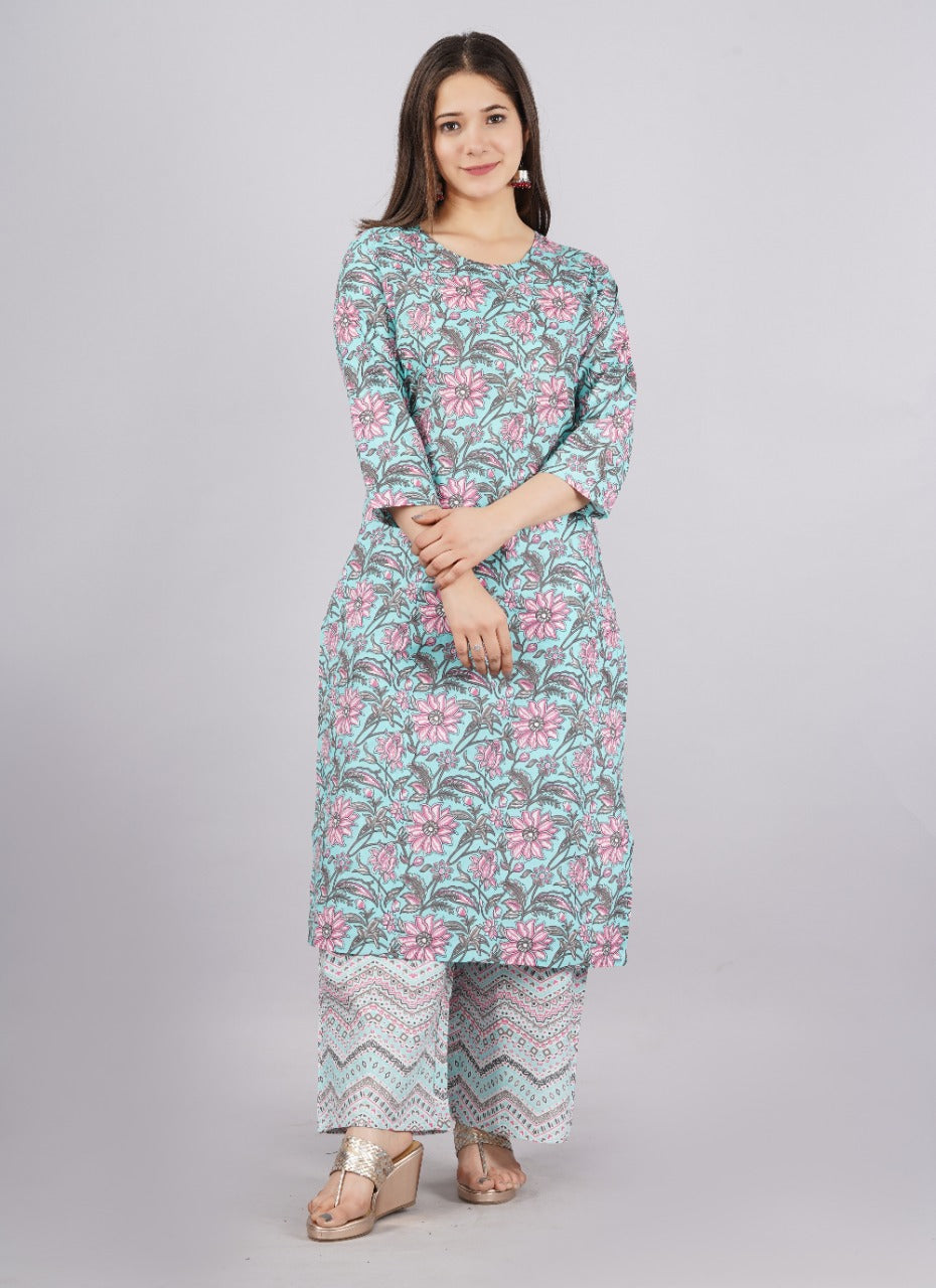 Women's Printed Cotton Sky Blue Party Wear/Casual Wear Kurta Set/Suit - Vamika