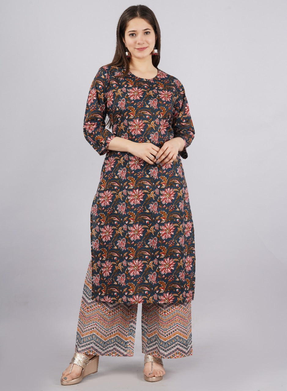 Women's Printed Cotton Blue Party Wear/Casual Wear Kurta Set/Suit - Vamika