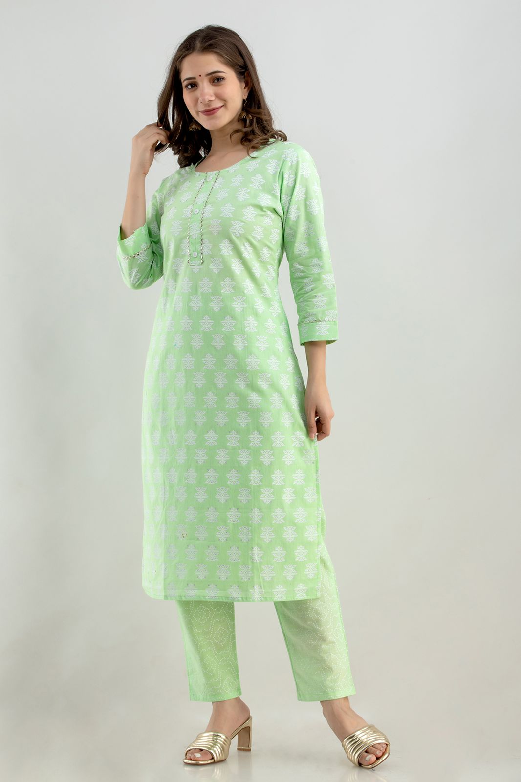 Women's Printed Cotton Green Party Wear/Casual Wear Kurta Set/Suit - Vamika