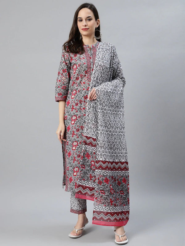 Women's Grey Printed Cotton Party Wear/Casual Wear Kurta Set/Suit (3Pieces) - Vamika