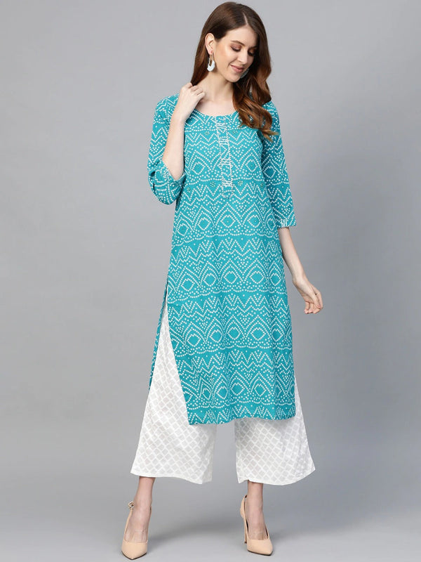 Women's Sky Blue Printed Cotton Party Wear/Casual Wear Kurta Set/Suit (2Pieces) - Vamika