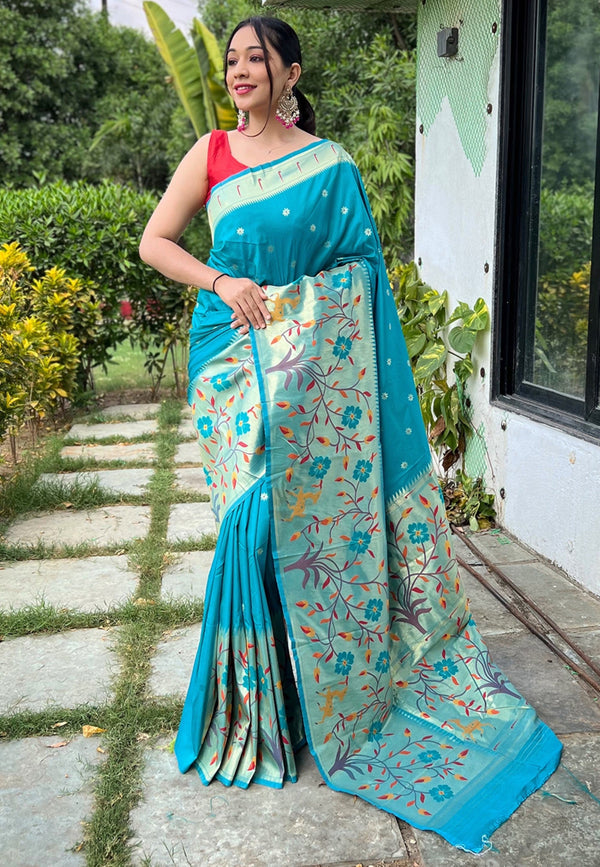 Women's Cerulean Blue Paithani Big Border Saree - Tasarika