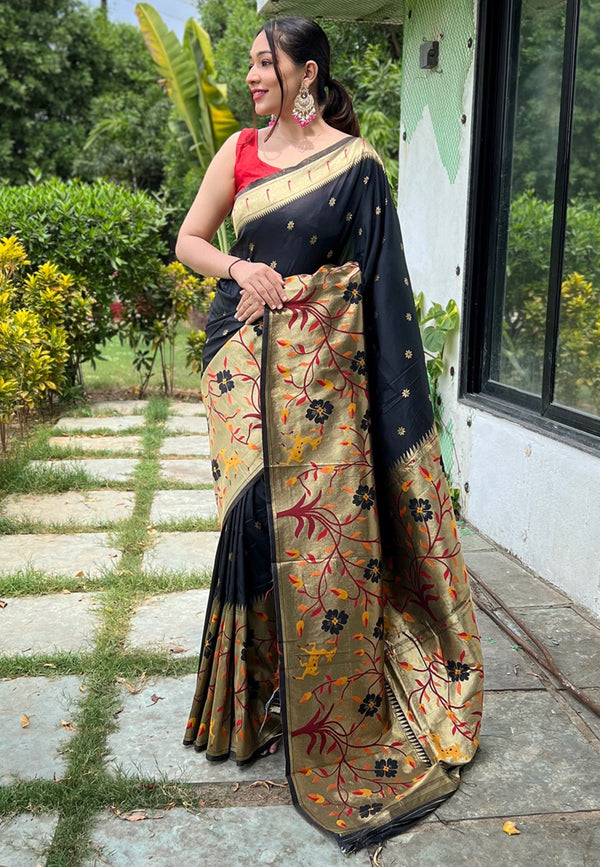 Women's Black Paithani Big Border Saree - Tasarika