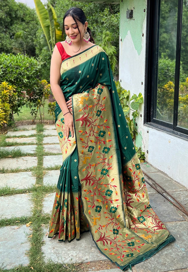 Women's Dark Green Paithani Big Border Saree - Tasarika