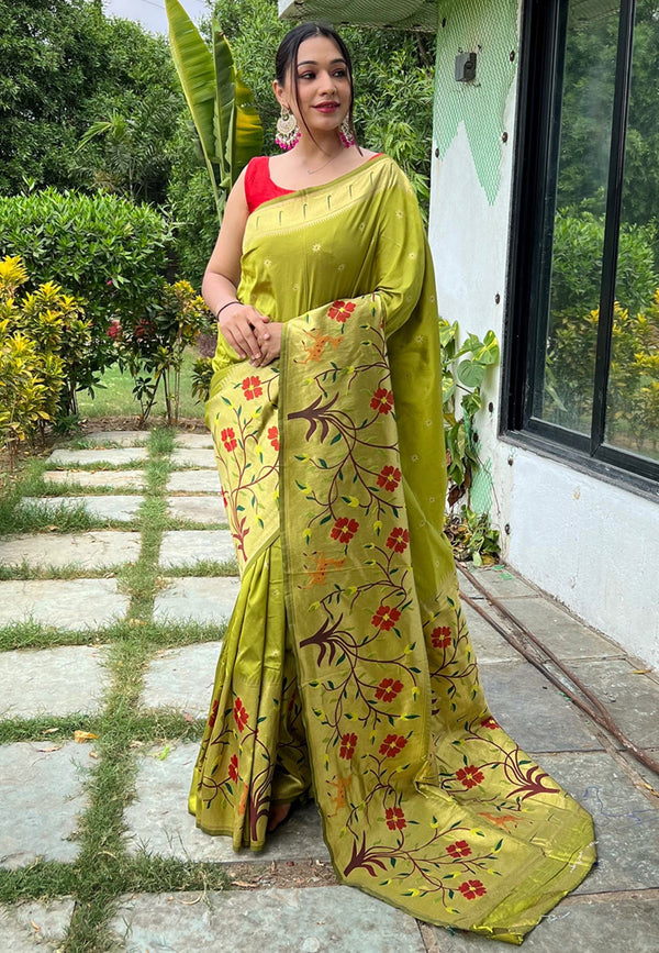 Women's Lime Green Paithani Big Border Saree - Tasarika