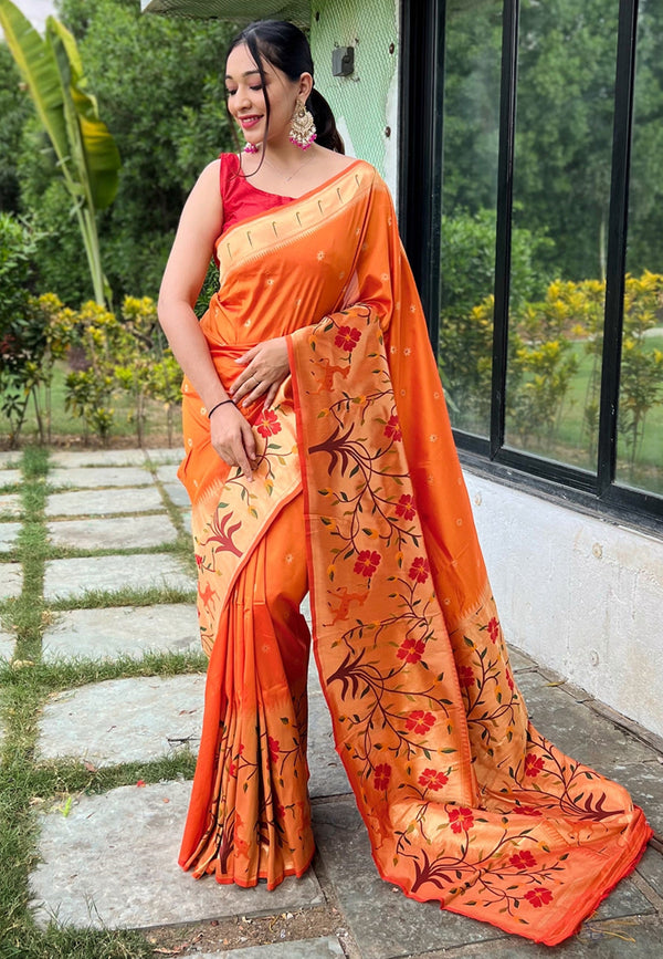 Women's Orange Paithani Big Border Saree - Tasarika