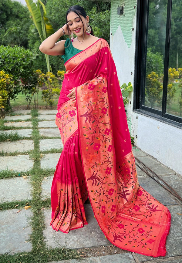 Women's Pink Paithani Big Border Saree - Tasarika