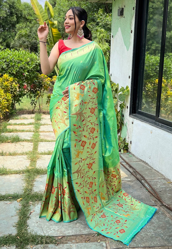 Women's Pistachio Green Paithani Big Border Saree - Tasarika