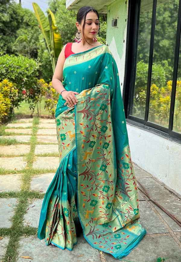 Women's Dark Cyan Paithani Big Border Saree - Tasarika