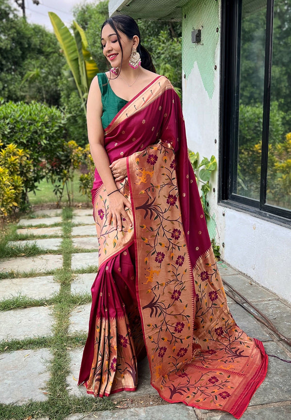 Women's Wine Paithani Big Border Saree - Tasarika