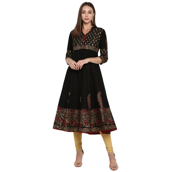 Women's Black & Golden Cotton Printed Anarkali Kurti With Block Print (1 Pc) - Noz2Toz