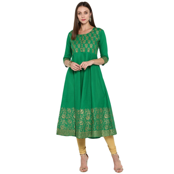 Women's Green Cotton Printed Anarkali Kurti With Block Print - Wahe-Noor