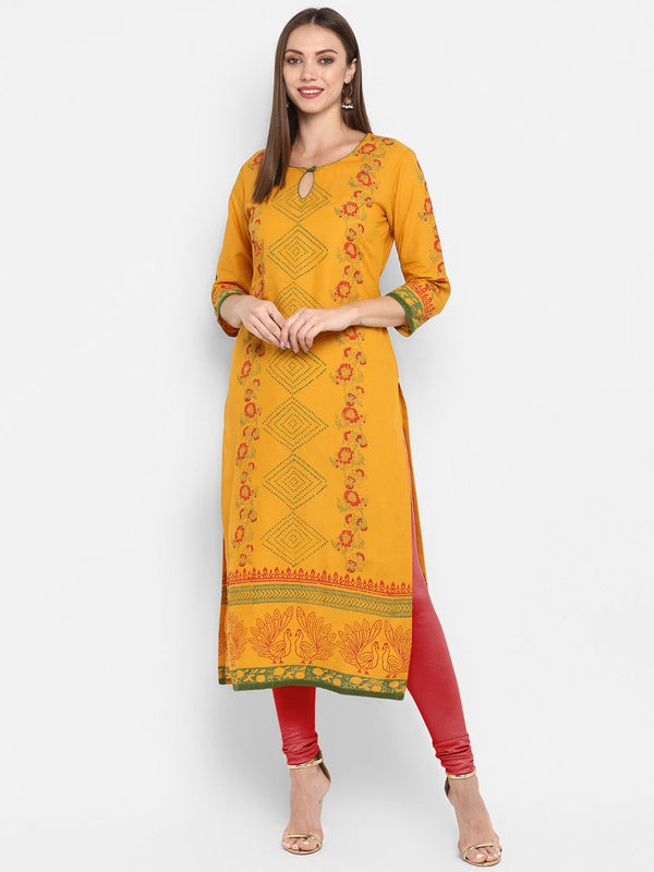 Women's Mustard Cotton Printed Straight Kurti With Block Print - Wahe-Noor