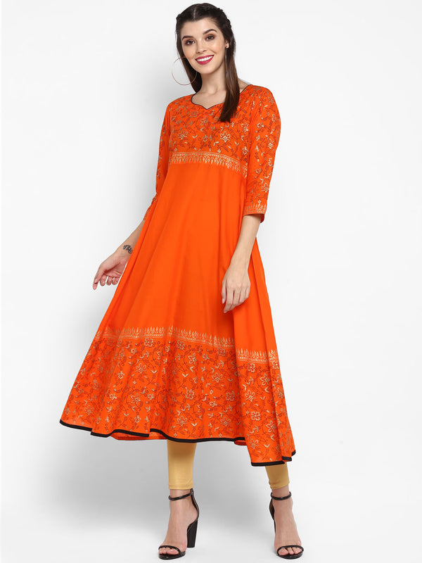 Women's Orange Cotton Printed Anarkali Kurti With Block Print - Wahe-Noor