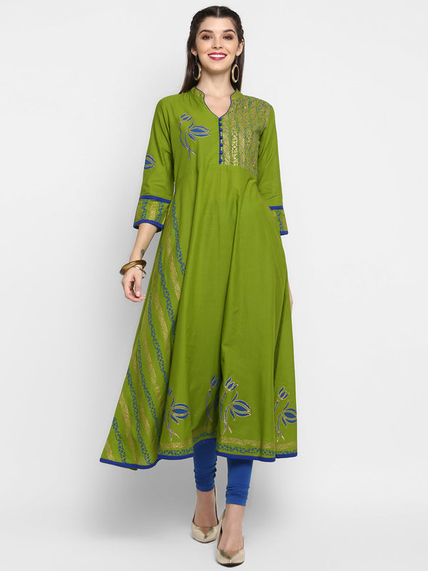 Women's Green Cotton Printed Anarkali Kurti With Block Print - Wahe-Noor