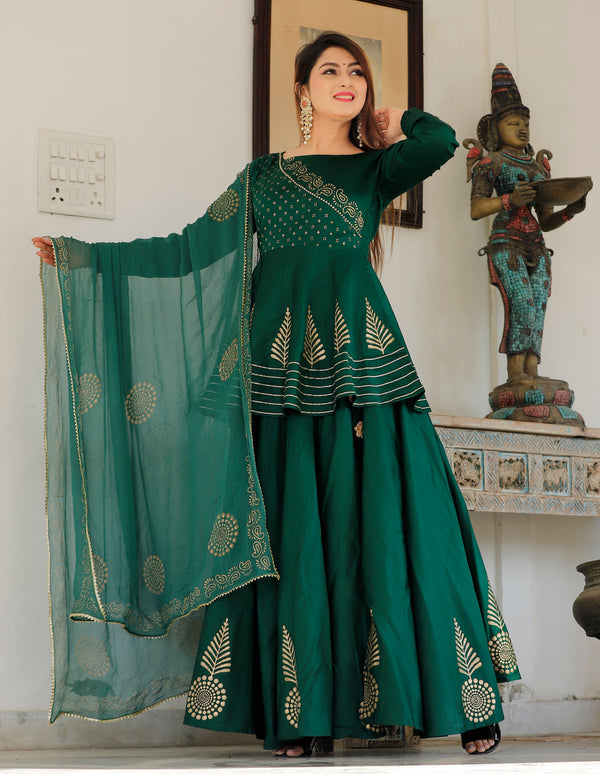 Women's Bottle Green Hand Block Lehenga Choli Set - Geeta Fashion