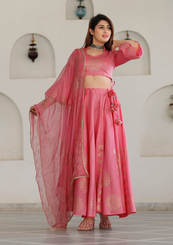 Women's Pink Hand Block Lehenga Choli Set - Geeta Fashion