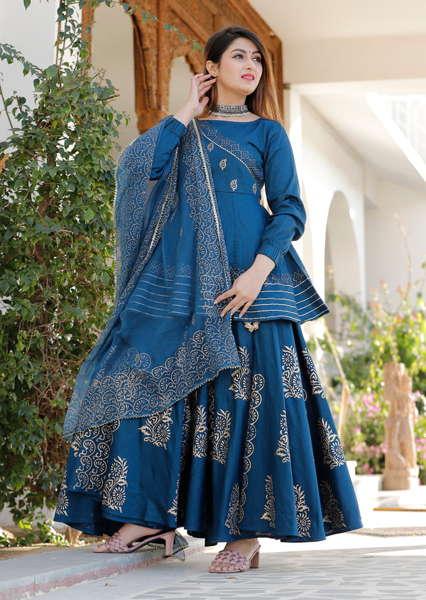 Women's Rama Blue Hand Block Lehenga Choli Set - Geeta Fashion