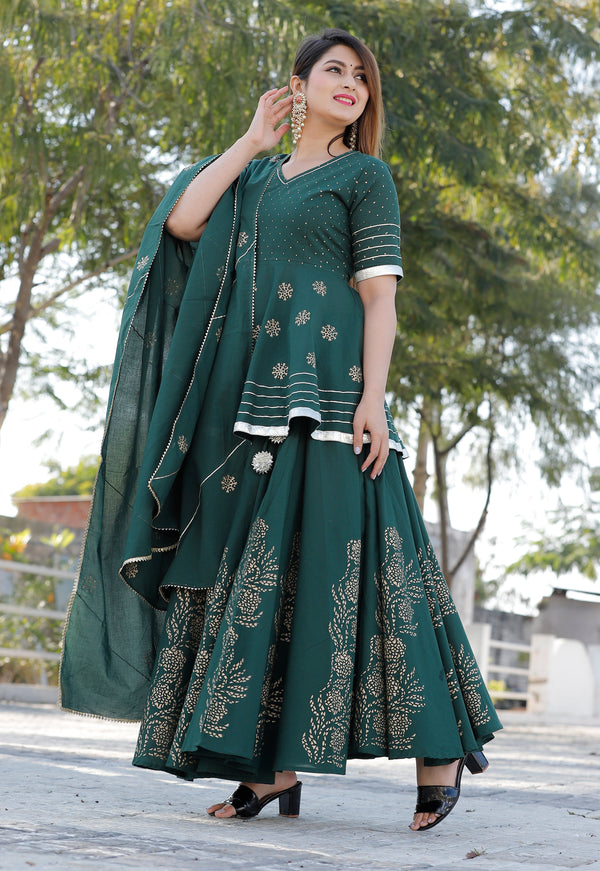 Women's Bottle Green Hand Block Lehenga Choli Set - Geeta Fashion