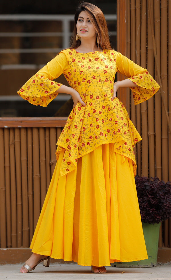 Women's Block Print Yellow Asymmetrical Lehenga Set - Geeta Fashion