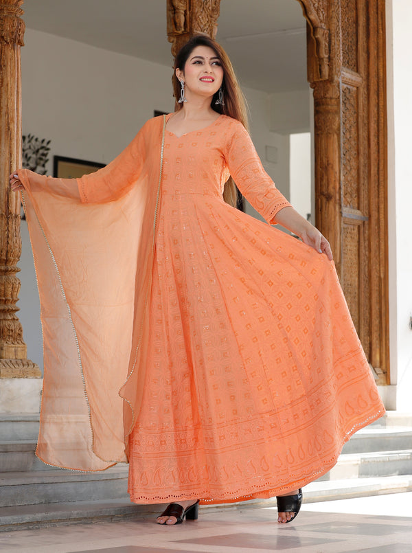 Women's Orange Sequence Anarkali Set - Geeta Fashion