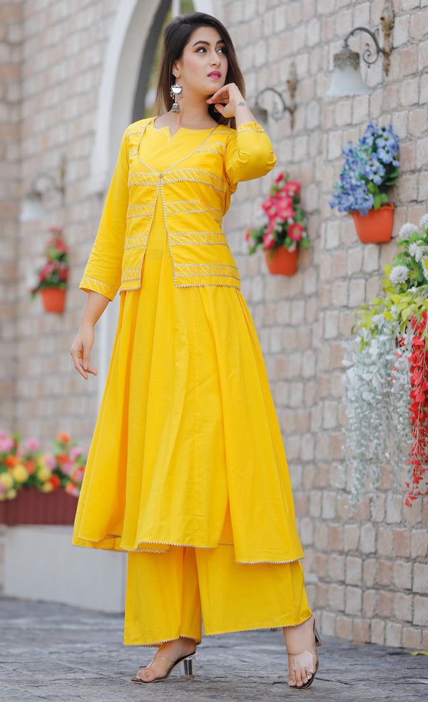 Women's Yellow Solid Anarkali Set With Jacket - Geeta Fashion