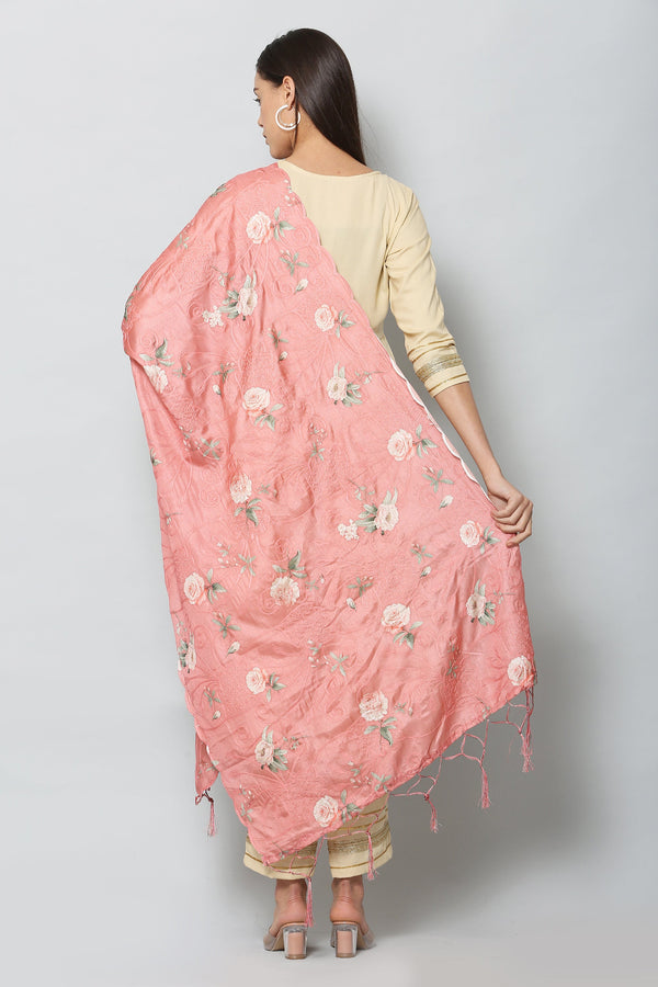 Women's Onion Color Art Silk Embroidery and Digital Printed Dupatta - VAABA